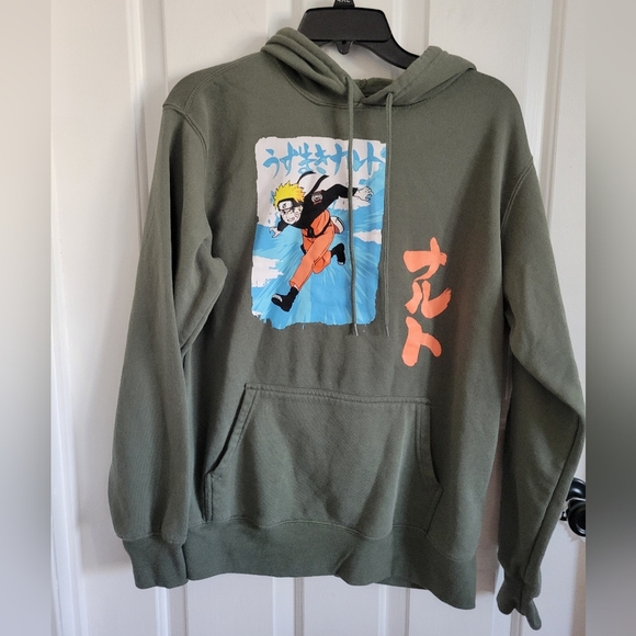 Naruto Shippuden Men's Olive Green Anime Hoodie Sweatshirt Pullover Size Medium - Picture 1 of 4